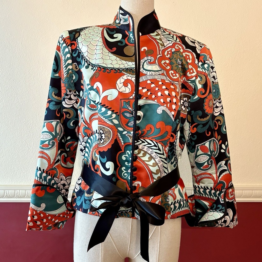 Vintage JS Collection Kimono Top Women's‎ 8 Asian Style 100% Silk Paisley Sash